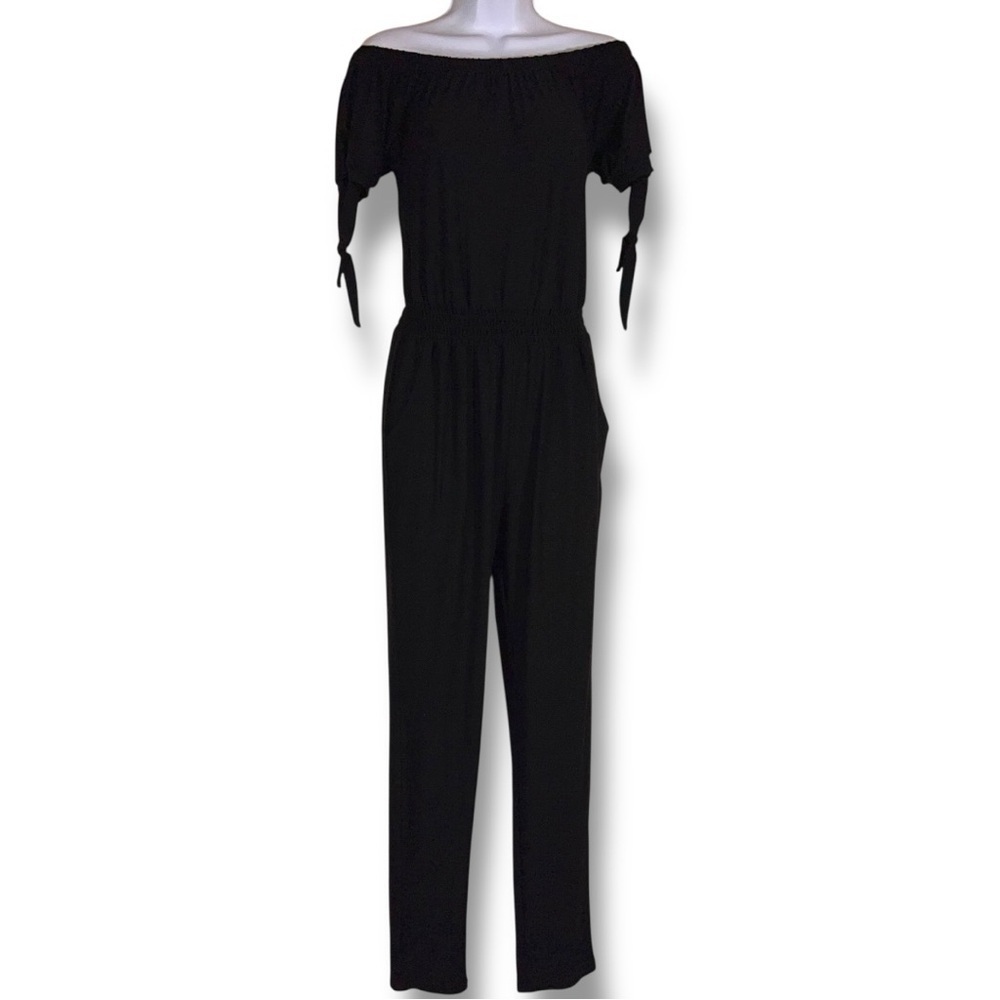 Medium Juniors Derek Heart Black Jumpsuit Shorts Sleeve Stretch Off Shoulder